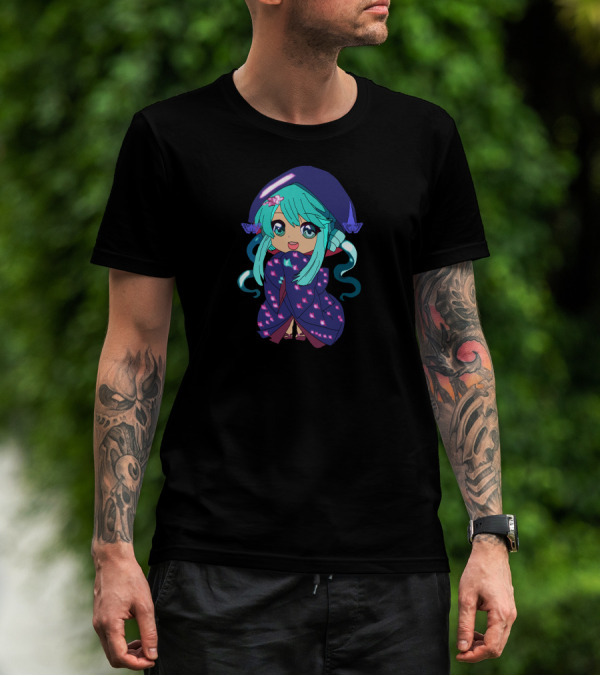 Chibi Girl Wrapped In Star-Patterned Blanket With Blue Hair And Pink Bow T-Shirt