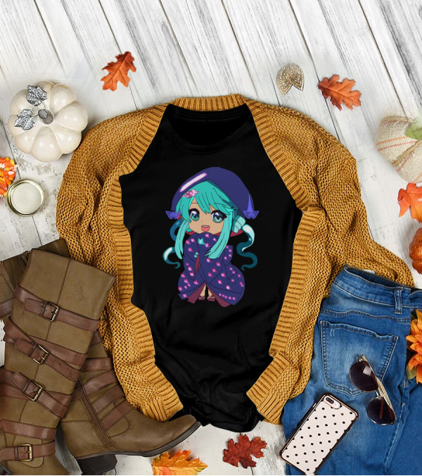 Chibi Girl Wrapped In Star-Patterned Blanket With Blue Hair And Pink Bow T-Shirt