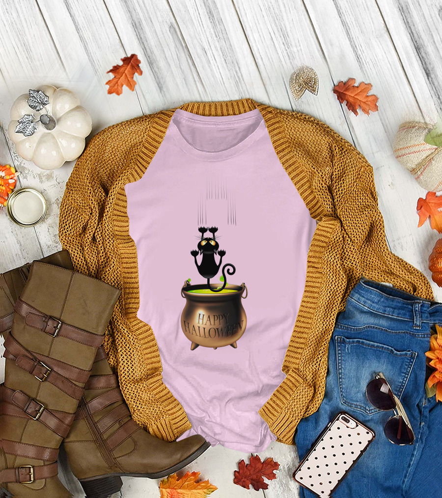 Happy Halloween Black Cat in Cauldron T-Shirt