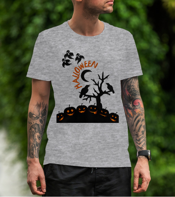 Halloween Pumpkin Ghost Moon Tree Ravens T-Shirt