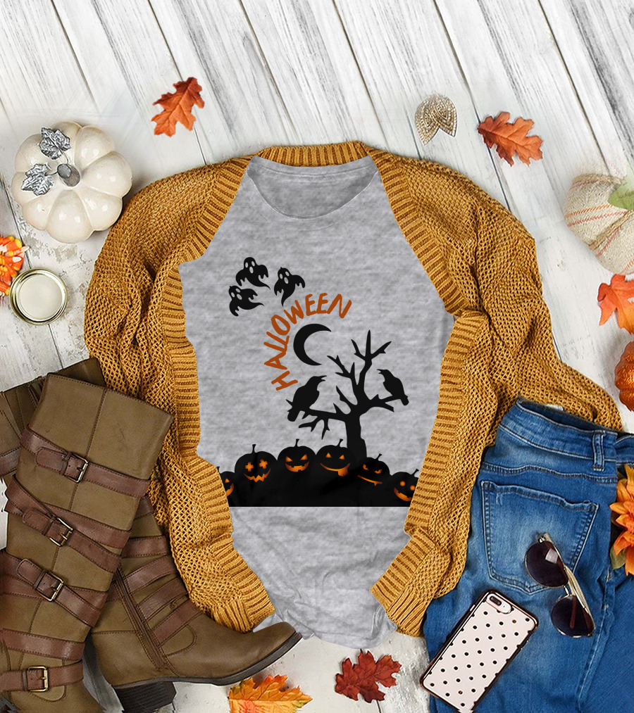 Halloween Pumpkin Ghost Moon Tree Ravens T-Shirt