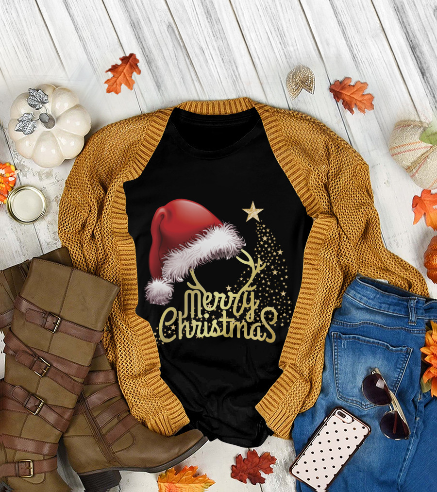 Merry Christmas Hat with Red Santa Cap and Golden Stars T-Shirt