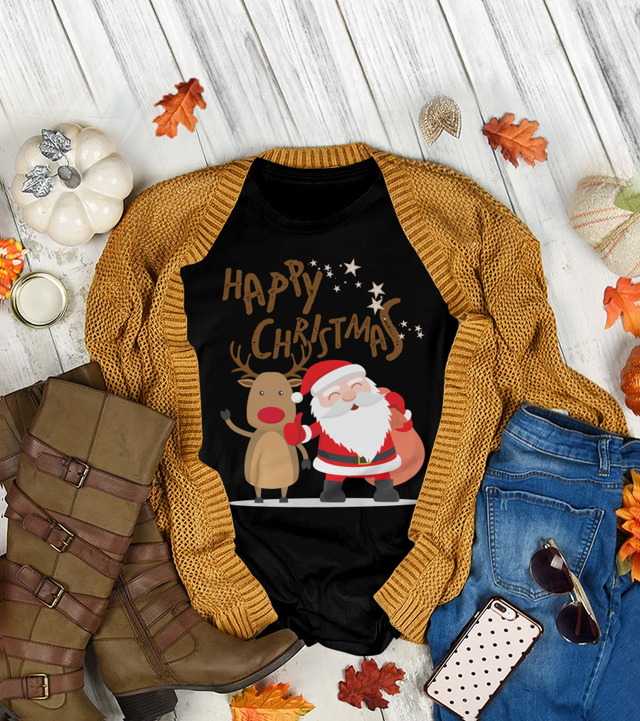 Happy Christmas Santa Claus and Reindeer with Stars T-Shirt