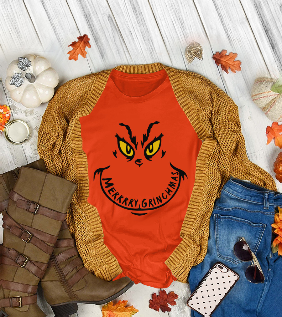 Merrrry Grinchmas Yellow Eyes Grin Face T-Shirt