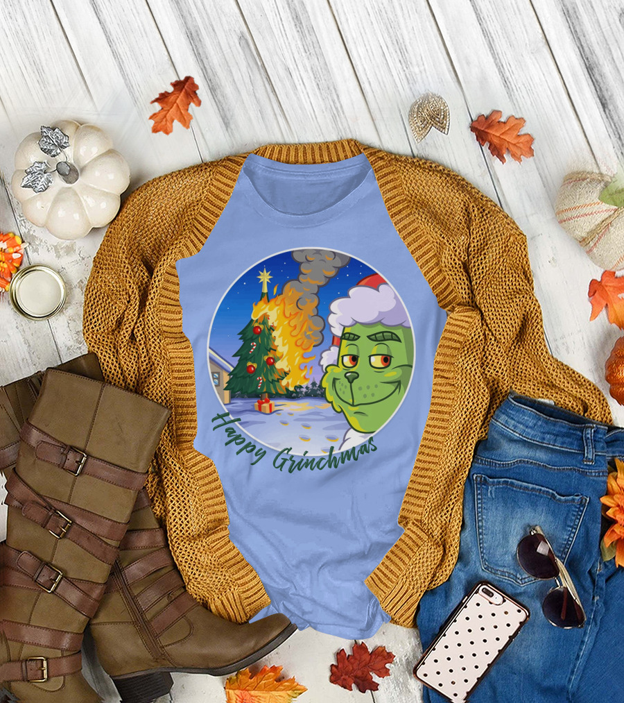 Happy Grinchmas the Grinch on Fire Christmas Tree Scene T-Shirt