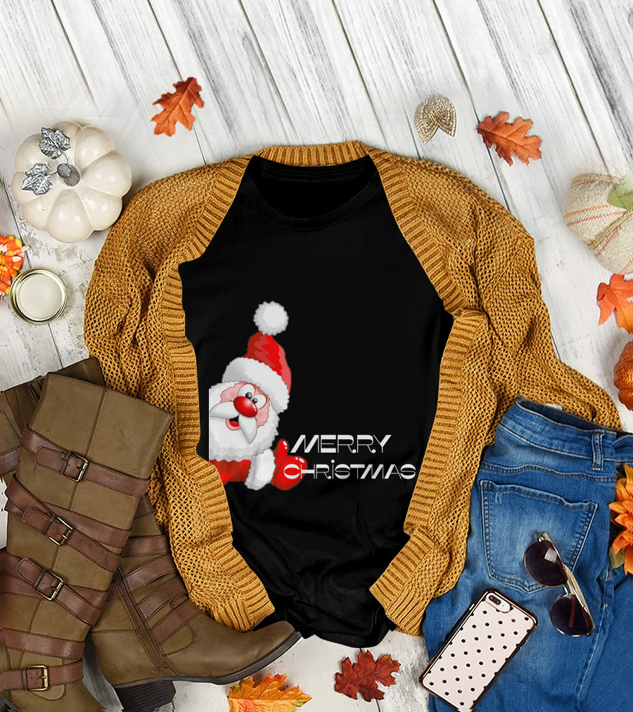 Santa Claus Peeking Cartoon Image T-Shirt