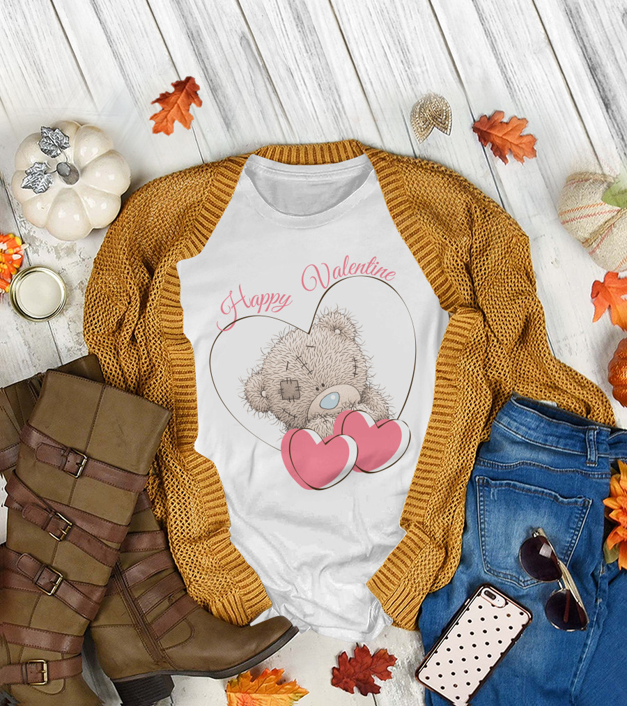 Happy Valentine Bear with Pink Hearts T-Shirt