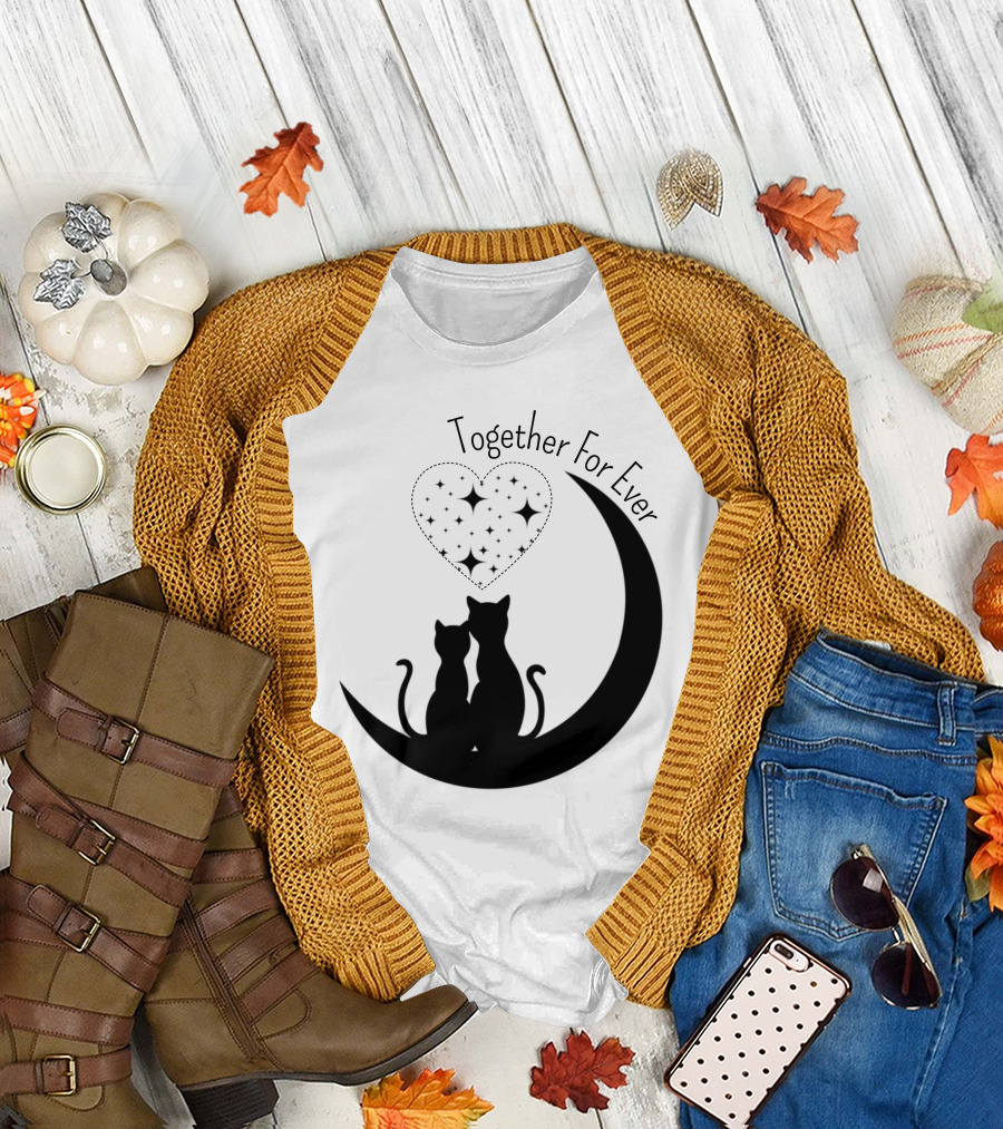 Together For Ever Cats on Crescent Moon with Heart of Stars T-Shirt