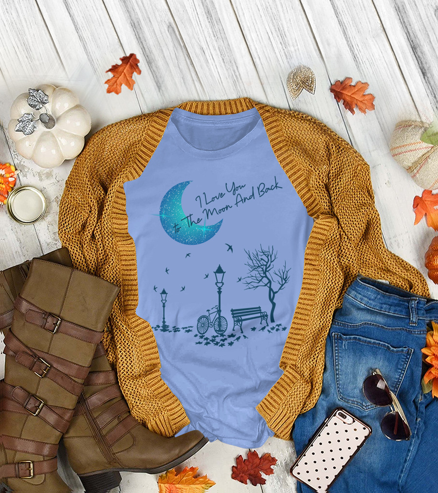 I Love You to the Moon and Back with Starry Crescent Moon and Romantic Park Scene T-Shirt