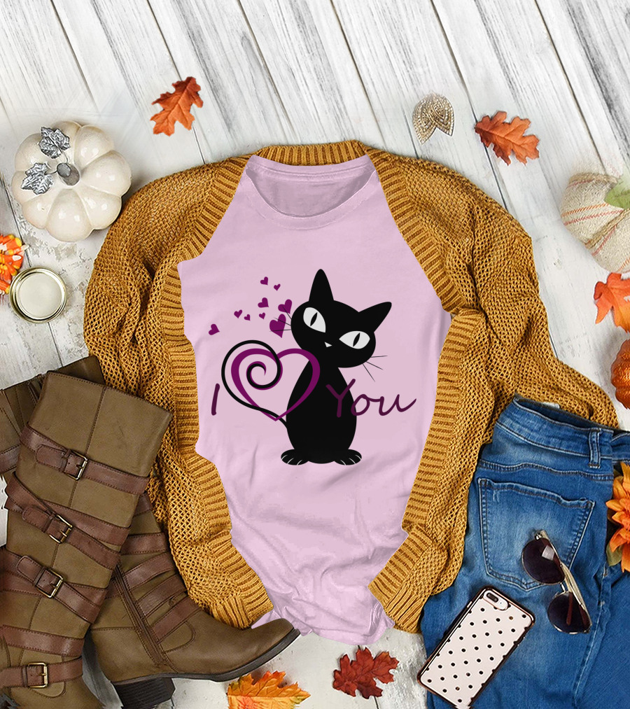I Love You Black Cat with Hearts T-Shirt