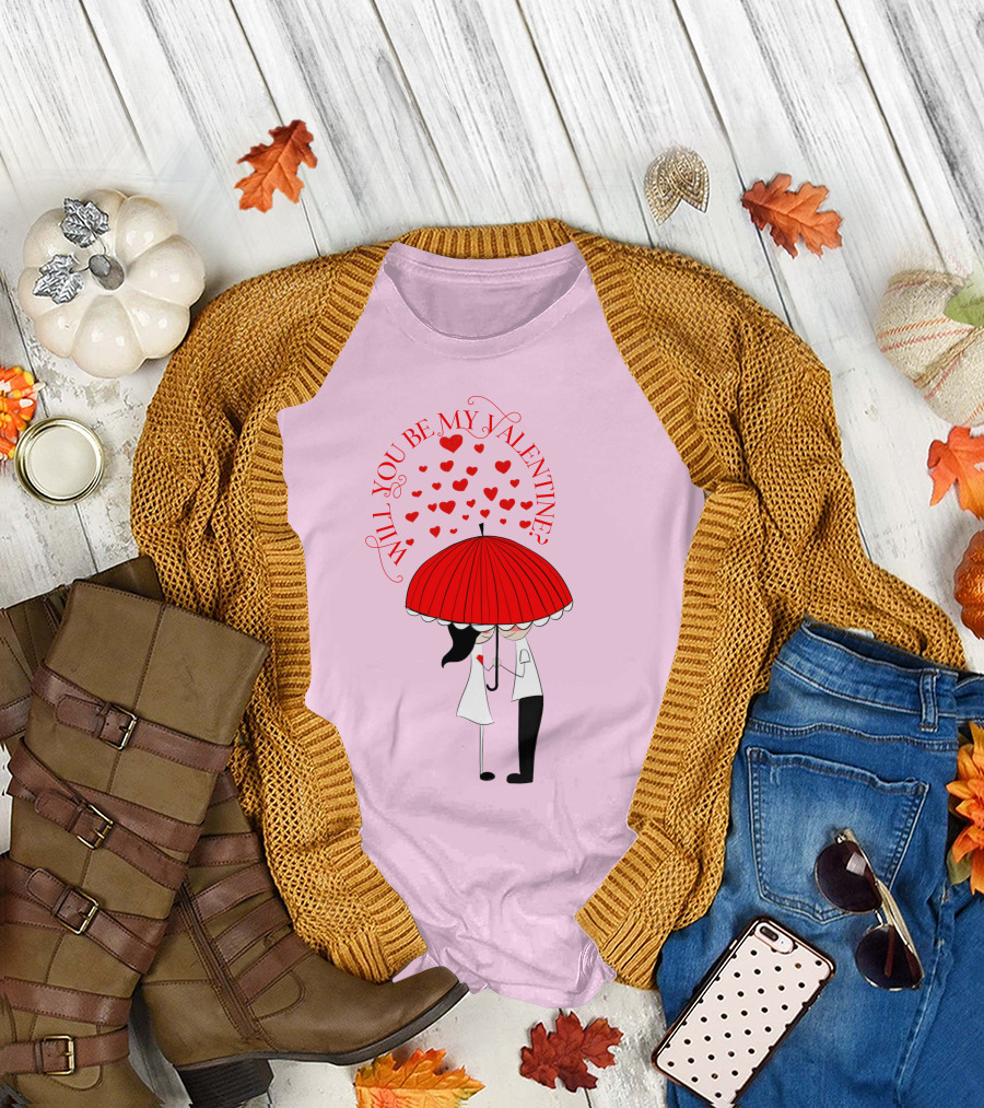 Will You Be My Valentine Red Hearts Under Umbrella T-Shirt