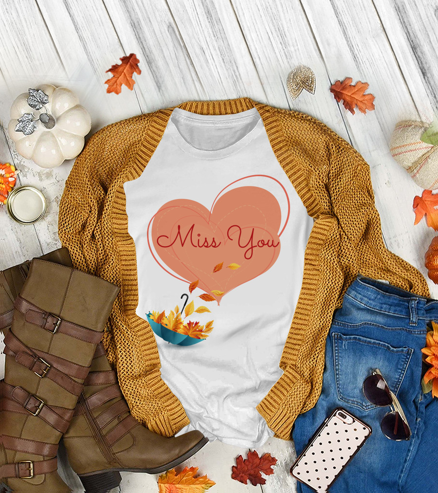 Miss You Heart and Autumn Leaves Umbrella T-Shirt