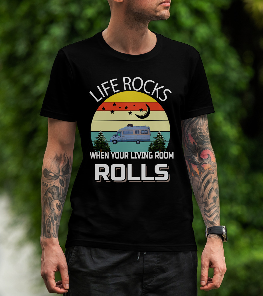 Life Rocks When Your Living Room Rolls Pilote Motorhomes Retro Sunset Campervan Scene T-Shirt
