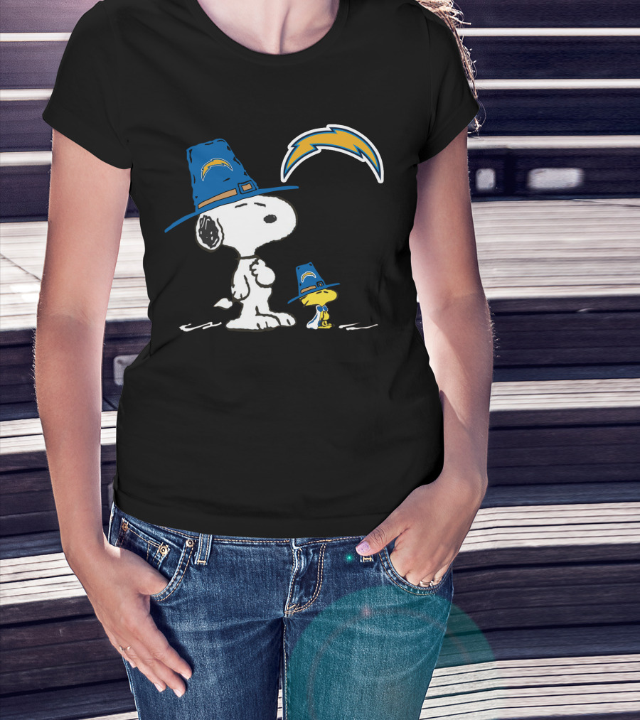 Snoopy And Woodstock In Chargers Hats With Lightning Bolt T-Shirt