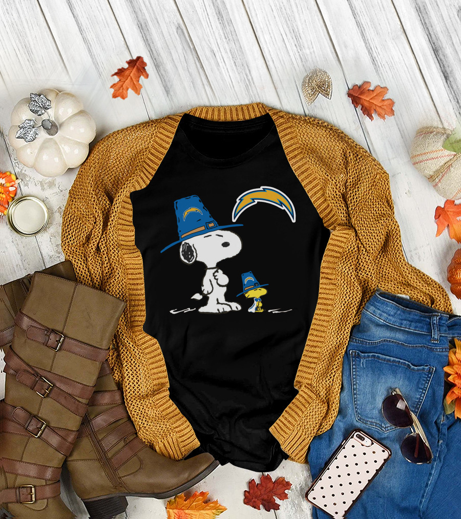 Snoopy And Woodstock In Chargers Hats With Lightning Bolt T-Shirt