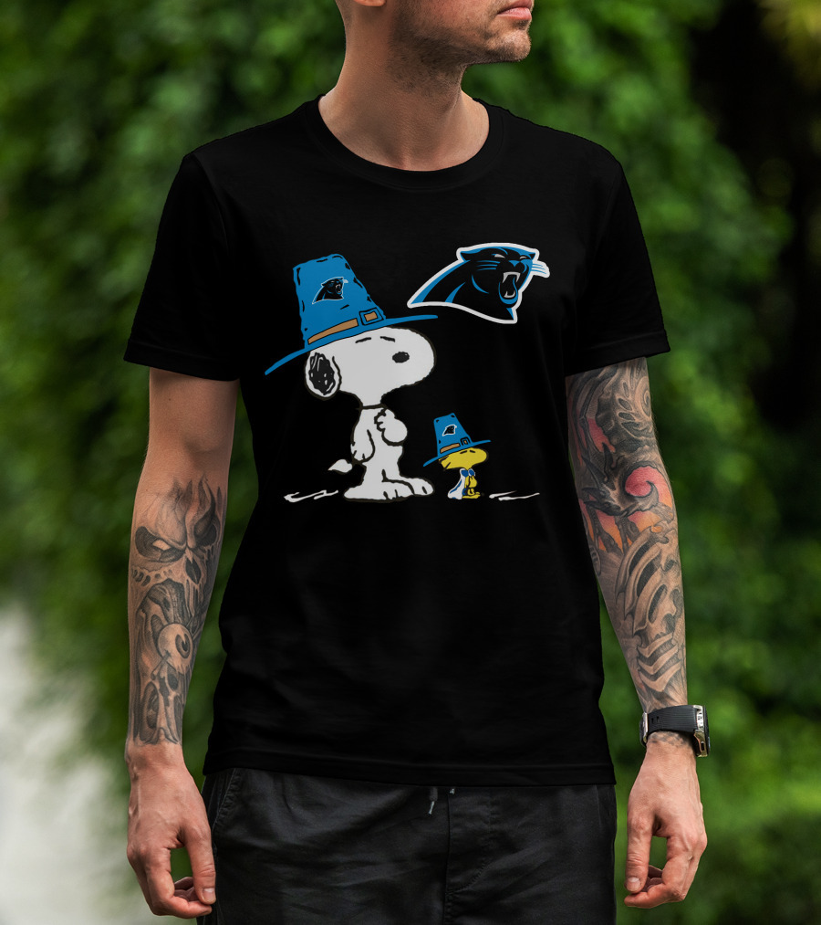 Carolina Panthers Snoopy Thanksgiving Pilgrim Hat Peanuts T-Shirt