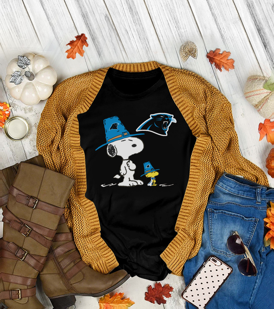 Carolina Panthers Snoopy Thanksgiving Pilgrim Hat Peanuts T-Shirt