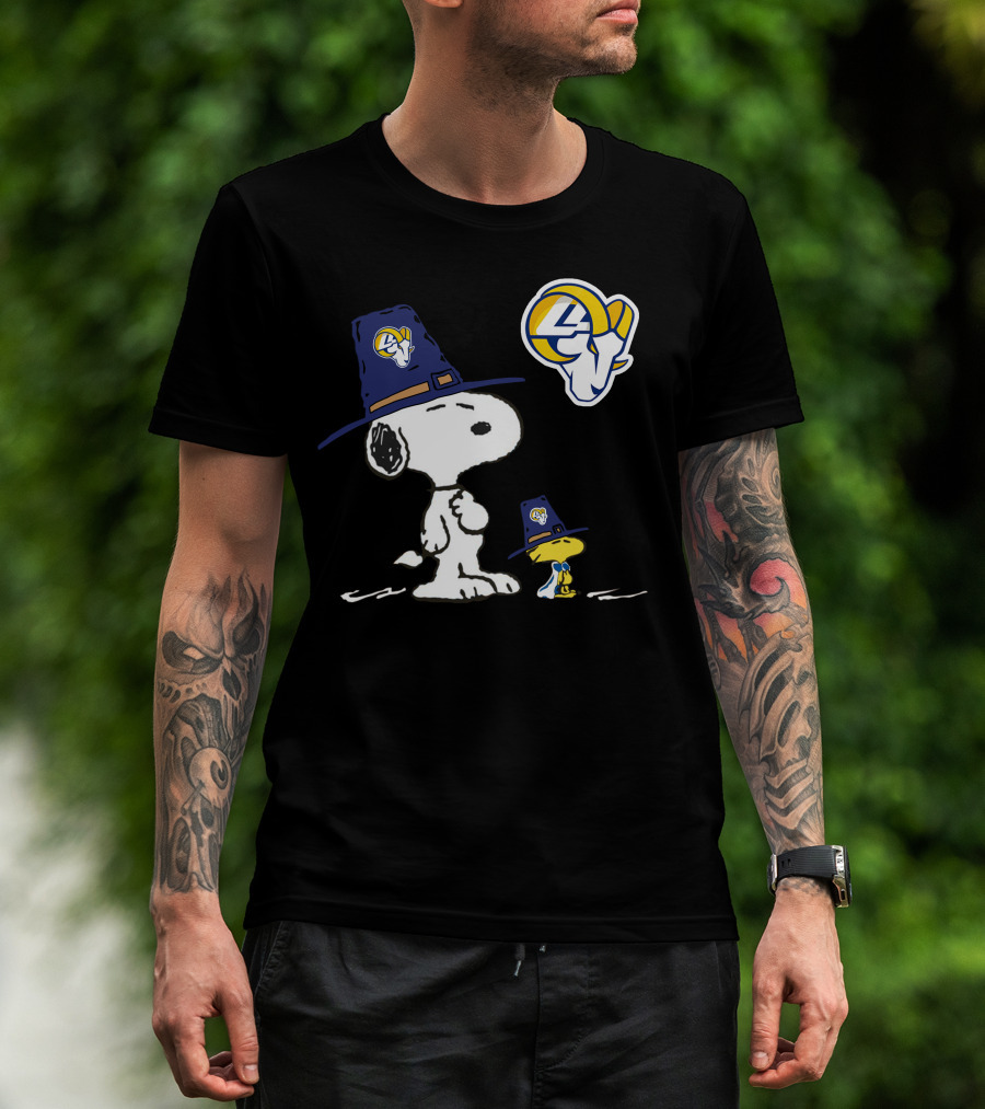 Snoopy And Woodstock In Rams Hats With Rams T-Shirt