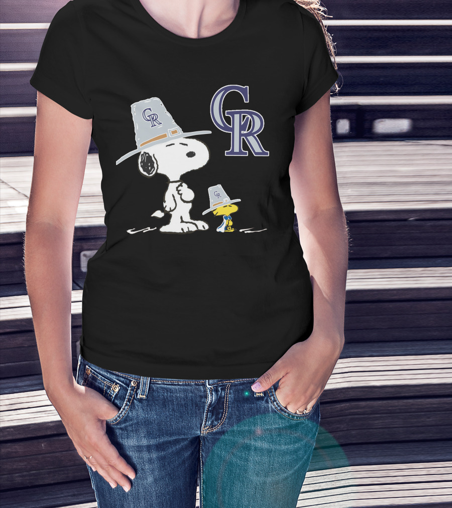 Colorado Rockies Snoopy Woodstock Thanksgiving Pilgrim Hats T-Shirt