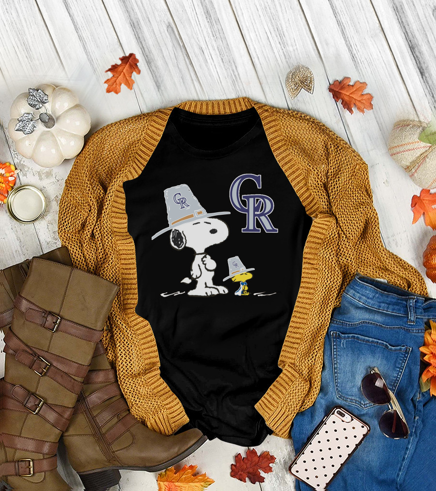Colorado Rockies Snoopy Woodstock Thanksgiving Pilgrim Hats T-Shirt