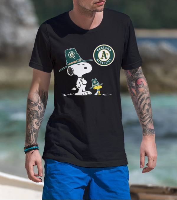 Oakland Athletics Snoopy And Woodstock Wearing Team Hats T-Shirt