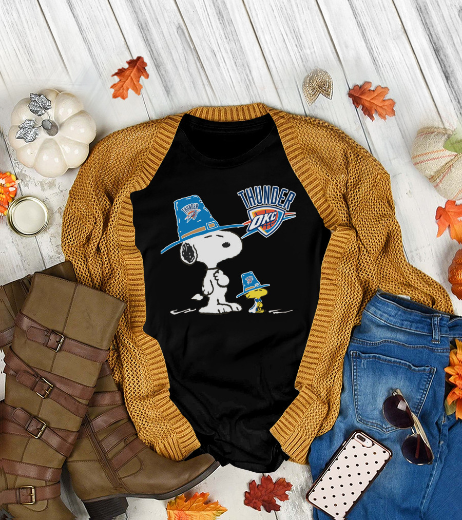 Oklahoma City Thunder Snoopy and Woodstock in Team Hats T-Shirt