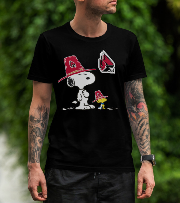 Ball State Cardinals Snoopy And Woodstock Pilgrim Hats Peanuts Sports Collaboration T-Shirt