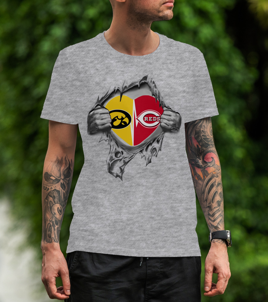 Iowa Hawkeyes Cincinnati Reds Heart Logo Tear T-Shirt