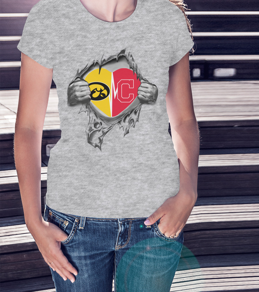 Iowa Hawkeyes Versus Indians Heart Logo Revealed Through Torn Fabric T-Shirt