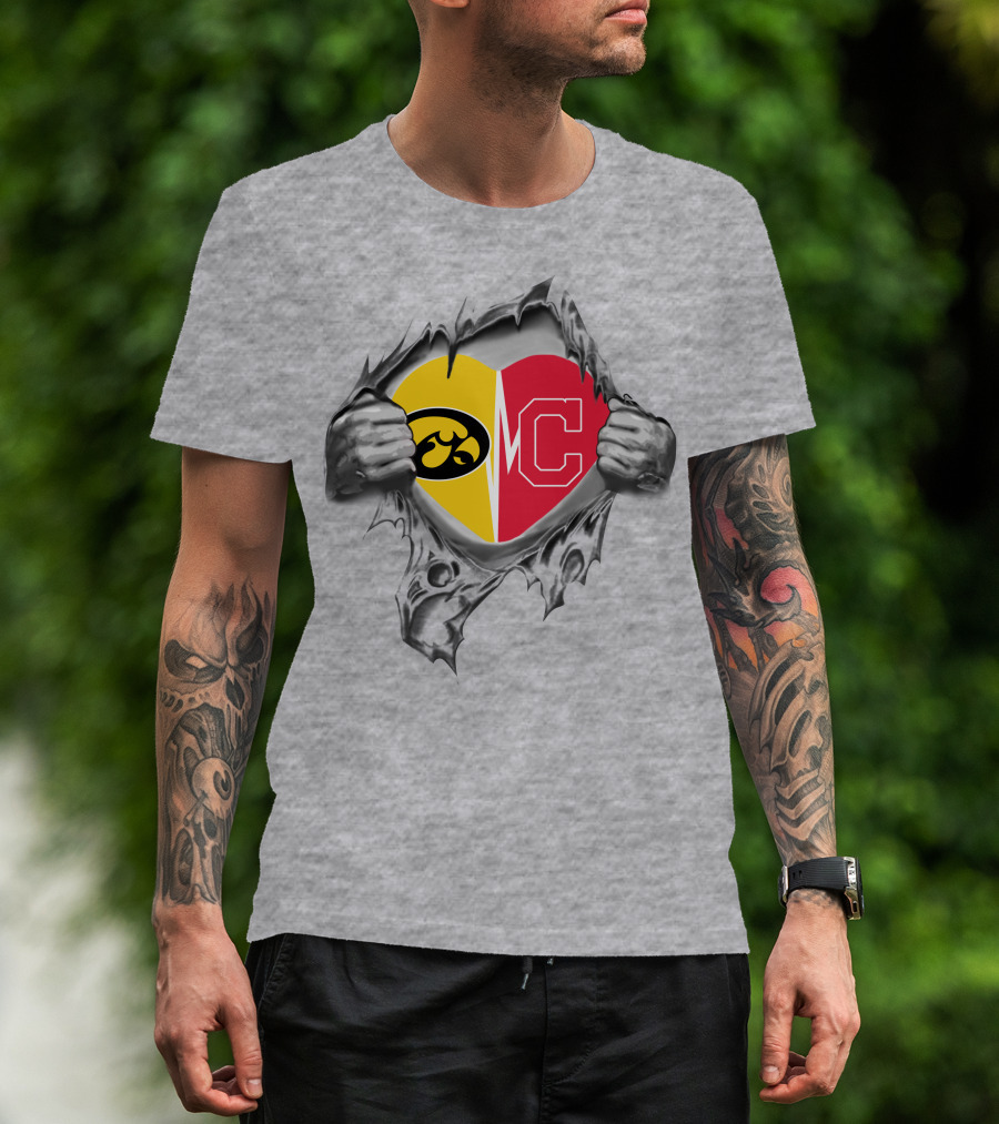Iowa Hawkeyes Versus Indians Heart Logo Revealed Through Torn Fabric T-Shirt