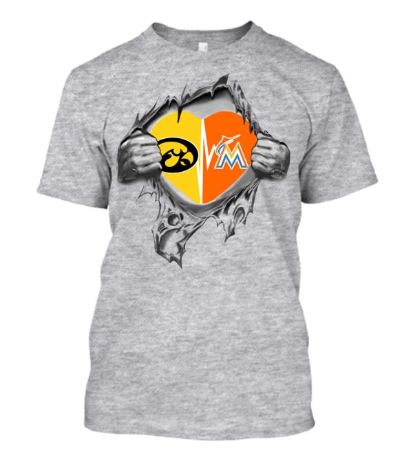 Iowa Hawkeyes Heart And Miami Marlins Heart Logos Ripped T-Shirt