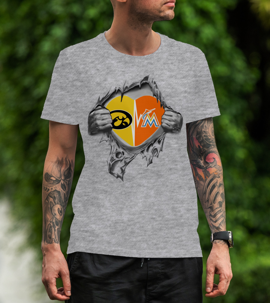 Iowa Hawkeyes Heart And Miami Marlins Heart Logos Ripped T-Shirt