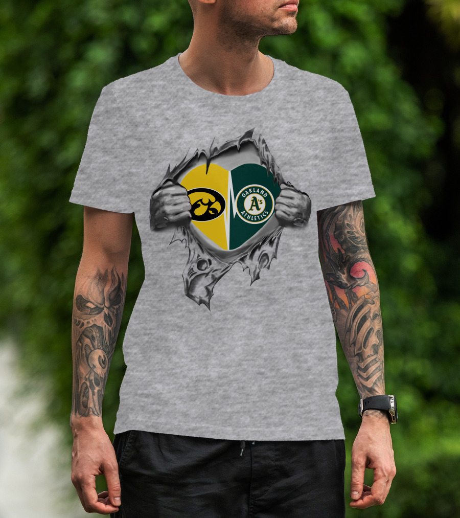 Iowa Hawkeyes Oakland Athletics Heart Design With Tearing Hands T-Shirt