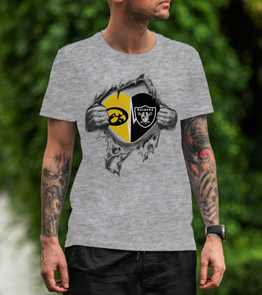 Iowa Hawkeyes Vs Raiders Heart Design With Iconic Logos In Ripped T-Shirt