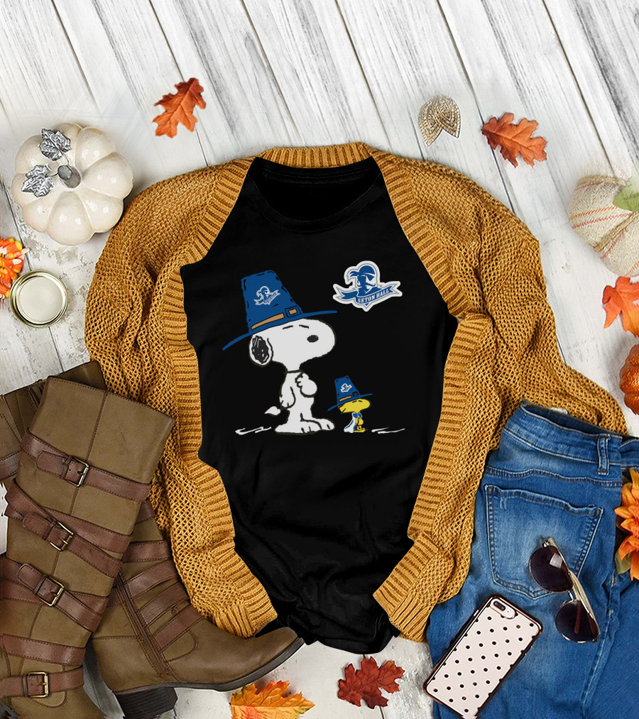 Seton Hall Snoopy and Woodstock in Seton Hall Pirate Hats T-Shirt