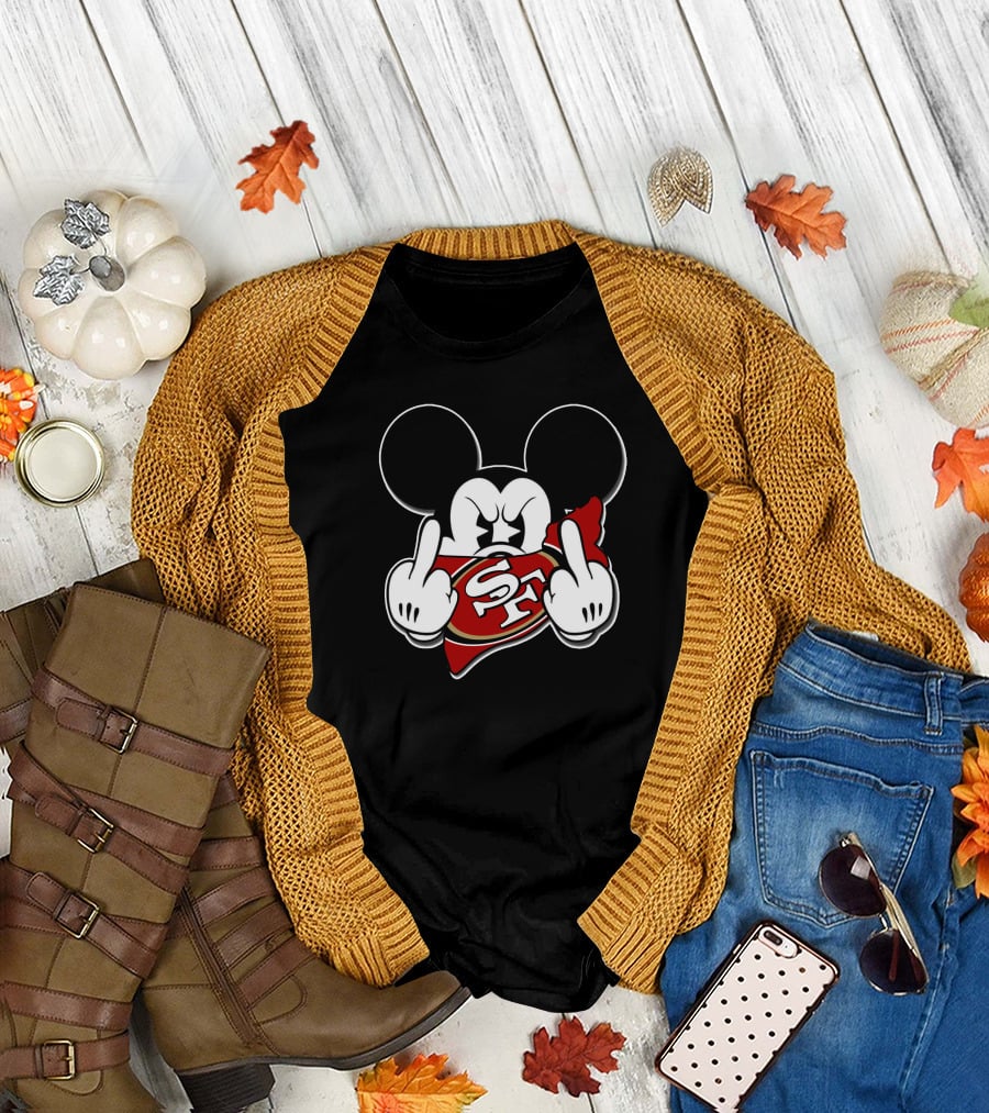Mickey Mouse With San Francisco 49ers Logo And Offensive Gesture T-Shirt