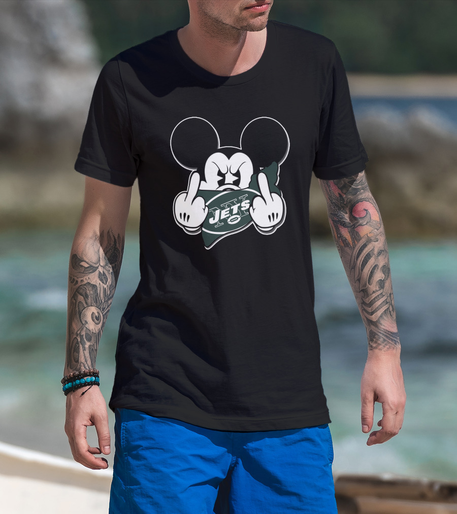 Mickey Mouse Holding New York Jets Football Logo With Gesture T-Shirt