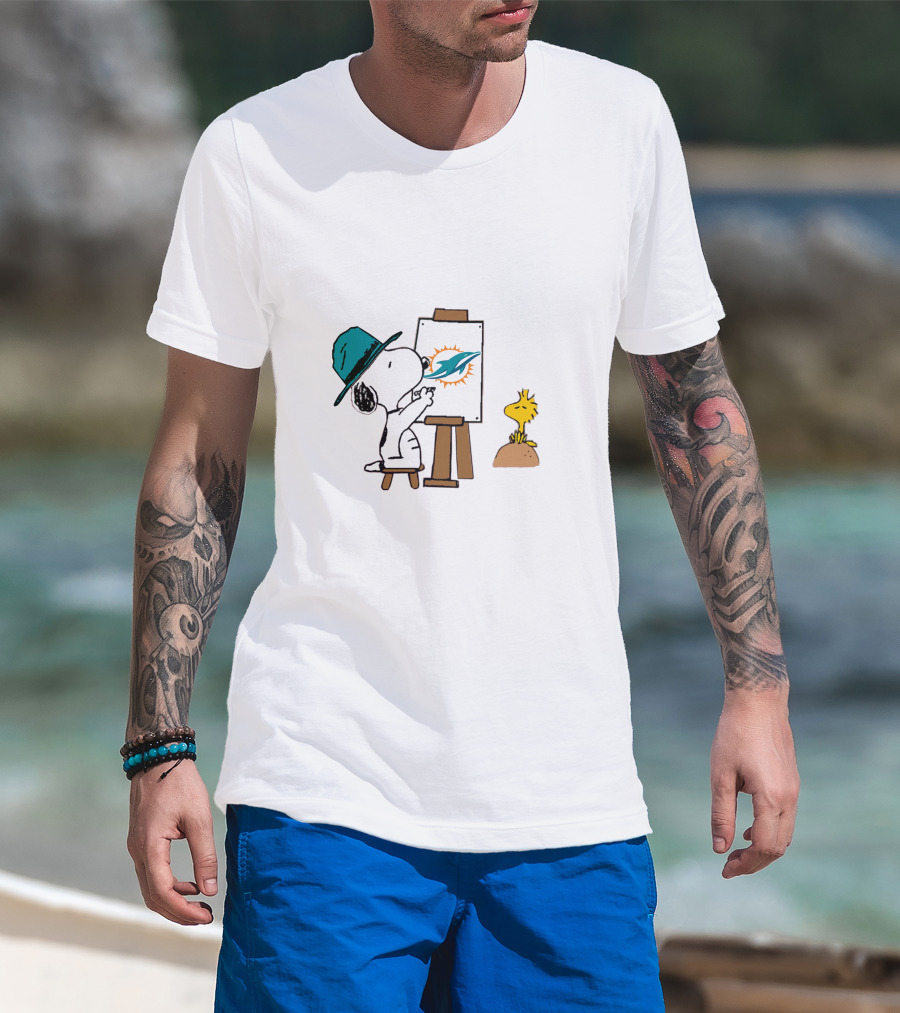 Snoopy Painting Miami Dolphins Logo With Woodstock T-Shirt