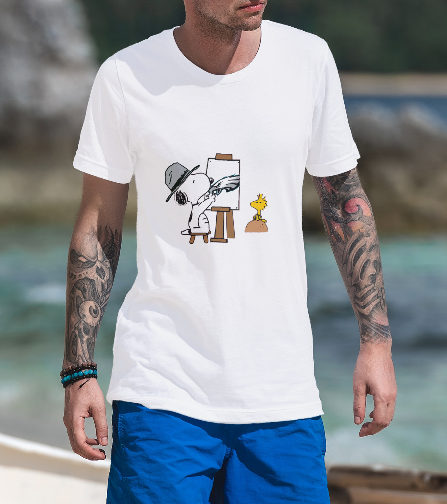 Snoopy Painting Philadelphia Eagles Logo With Woodstock T-Shirt
