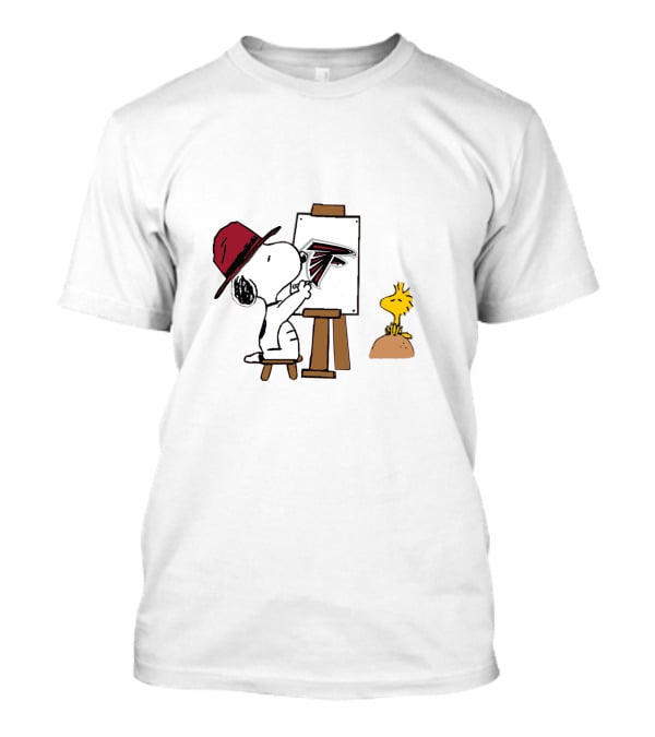 Snoopy Painting Atlanta Falcons Logo With Woodstock Observing T-Shirt