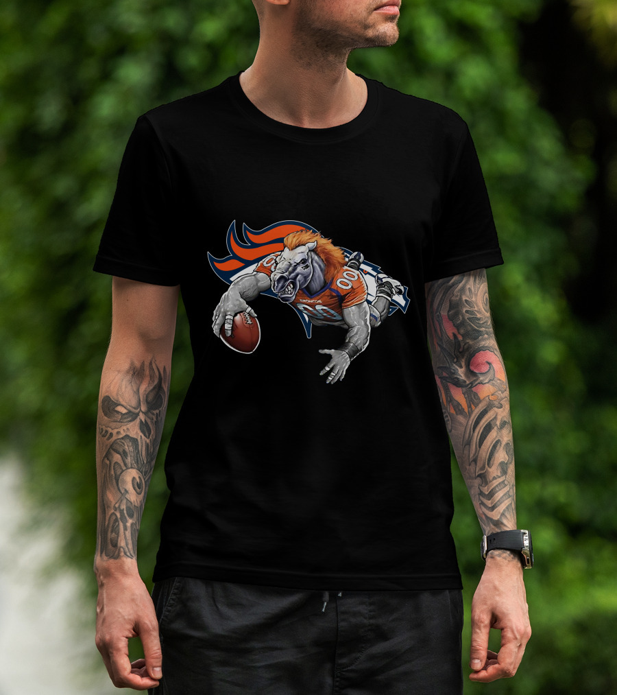 Denver Broncos Mascot Football Action With Orange And Blue T-Shirt