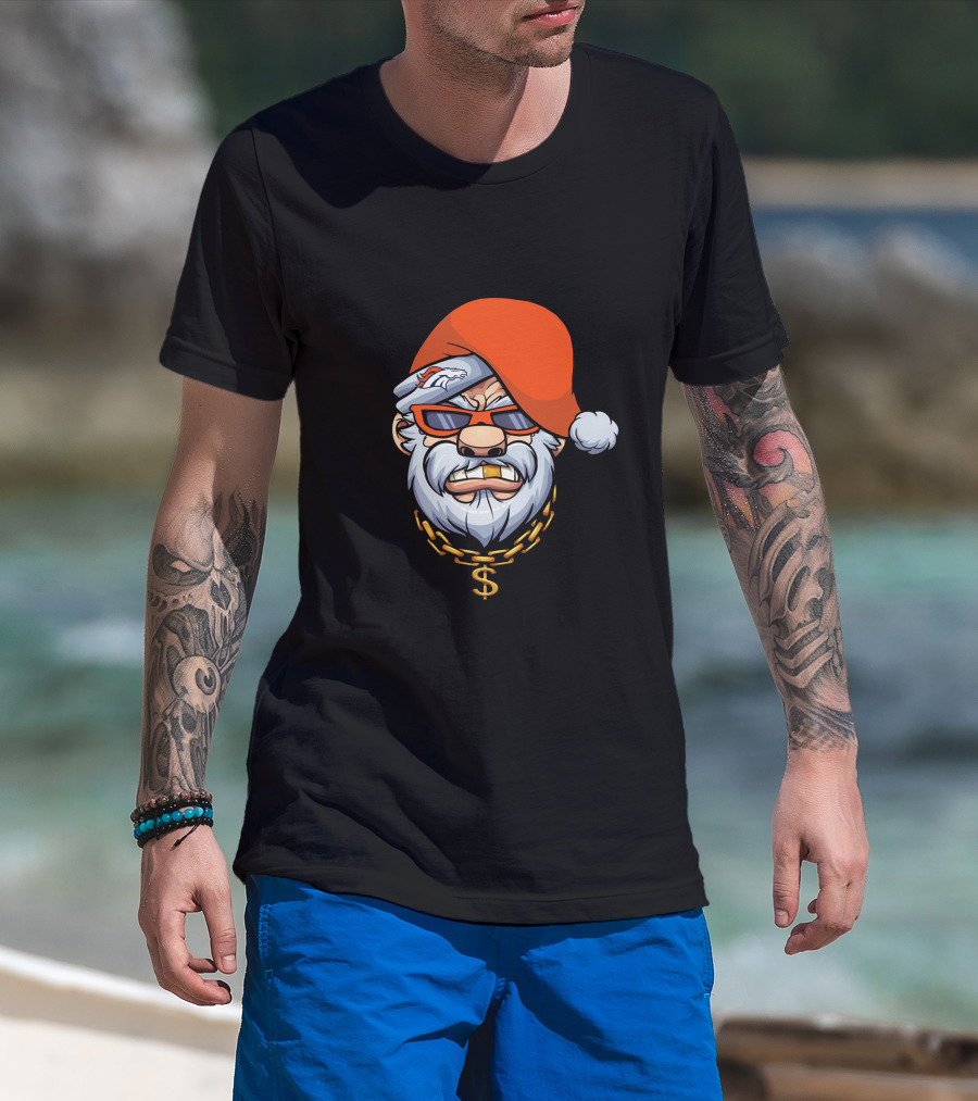 Broncos Gangster Santa With Orange Hat And Chain T-Shirt