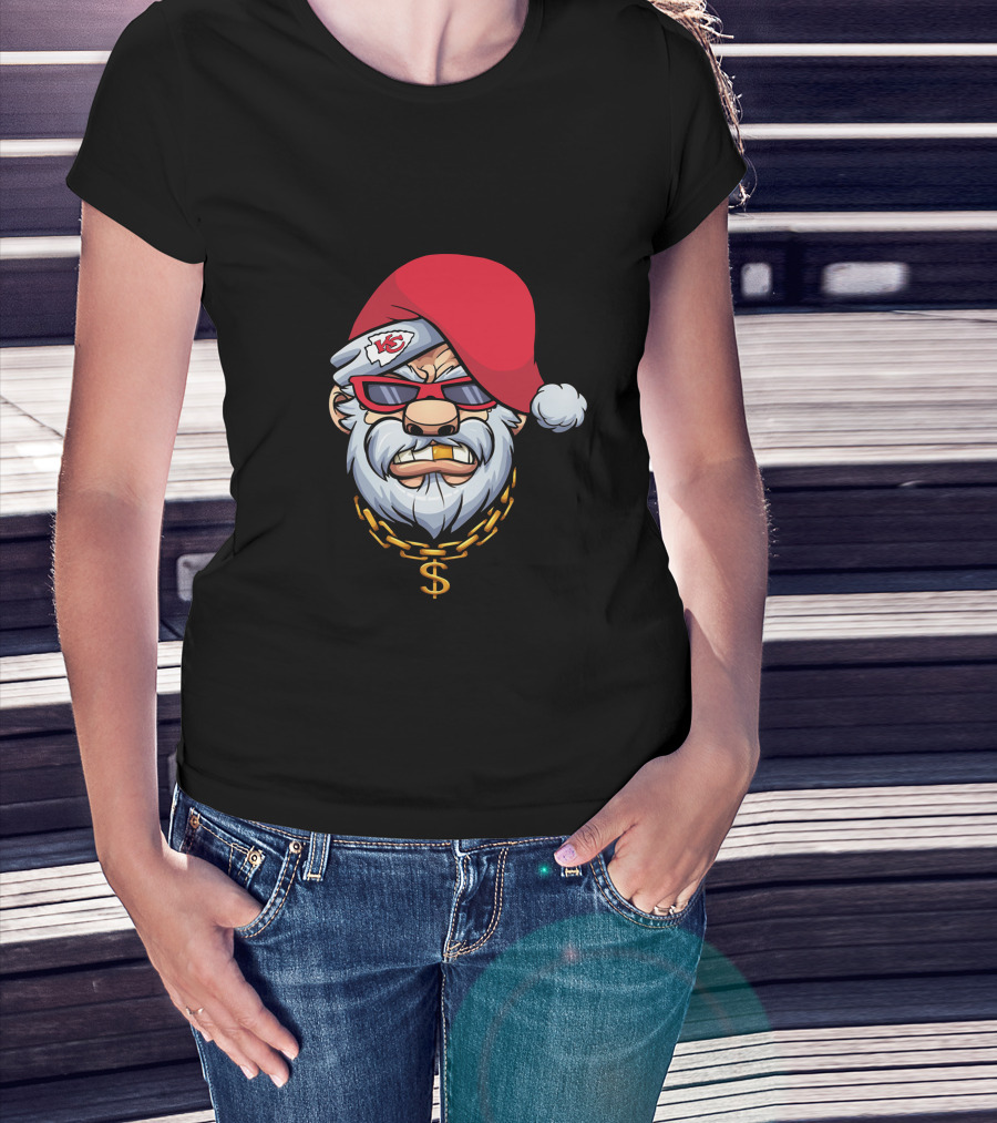 Chiefs Gangster Santa With Chain And Red Hat Sporting Sunglasses And Kansas City T-Shirt