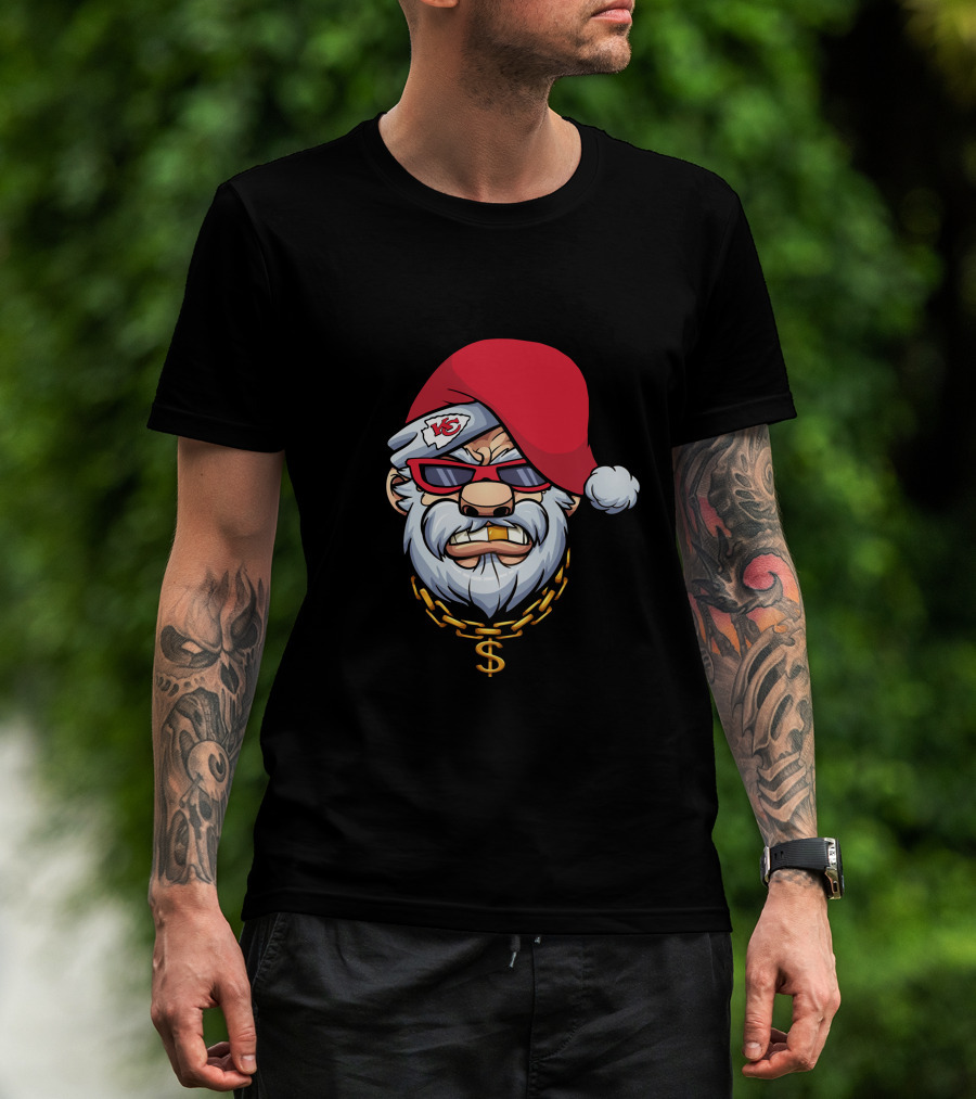 Chiefs Gangster Santa With Chain And Red Hat Sporting Sunglasses And Kansas City T-Shirt