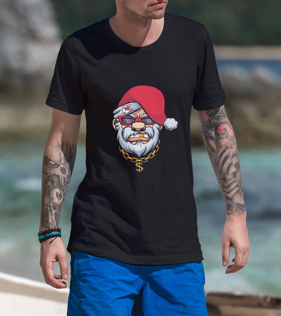 Chiefs Gangster Santa With Chain And Red Hat Sporting Sunglasses And Kansas City T-Shirt