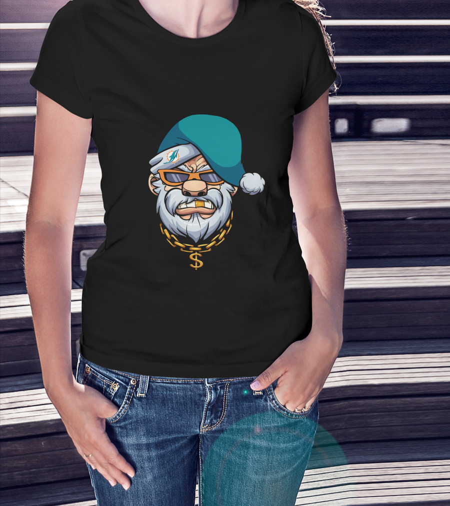 Miami Dolphins Gangster Santa With Shades And Gold Chain T-Shirt