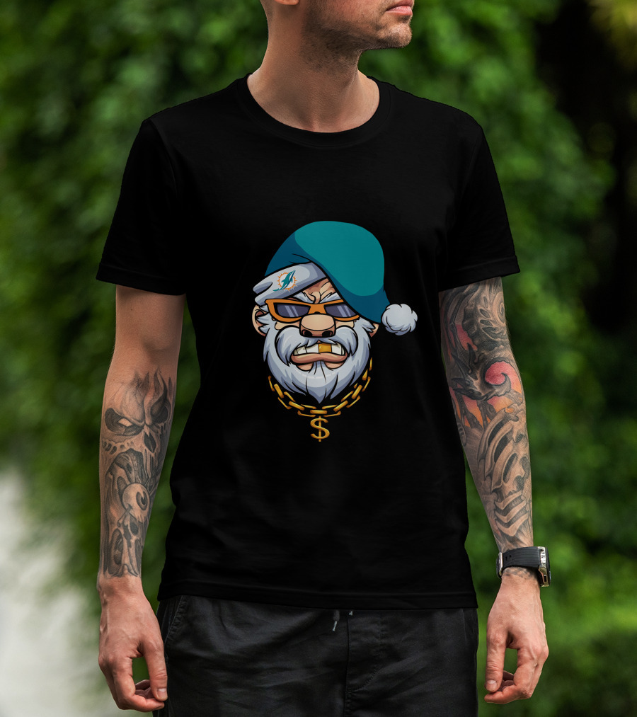 Miami Dolphins Gangster Santa With Shades And Gold Chain T-Shirt