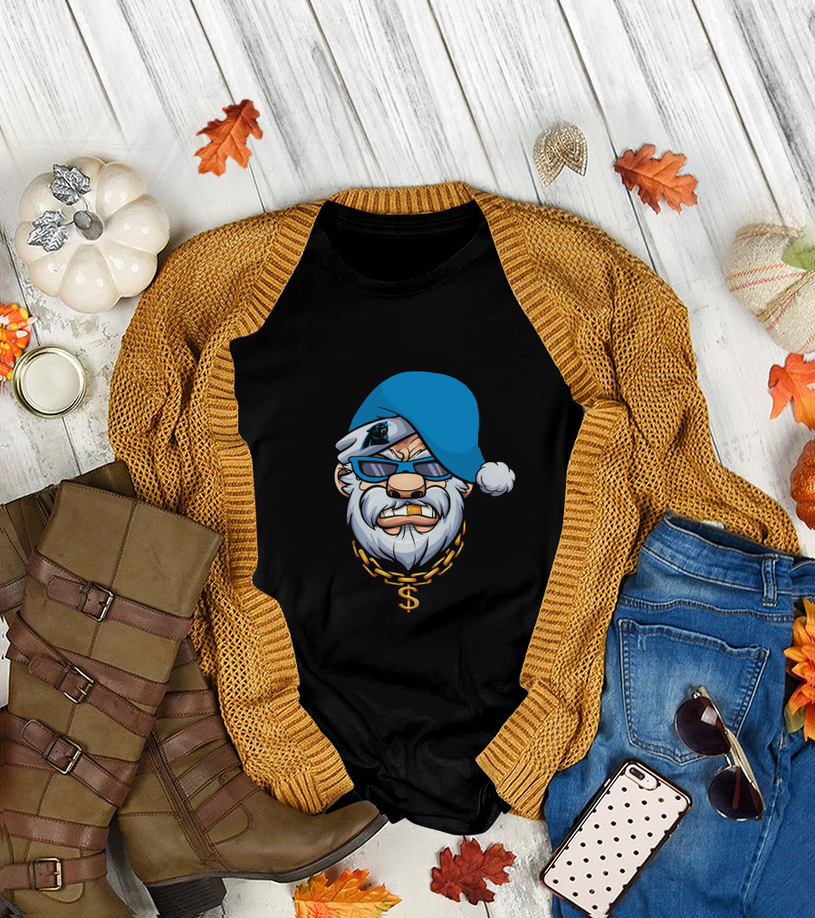 Panthers Gangster Santa With Blue Hat And Gold Chain T-Shirt