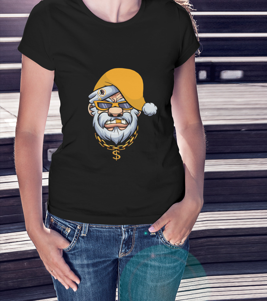 Santa With Gangster Style Gold Hat And Chain Featuring Washington Football Team T-Shirt