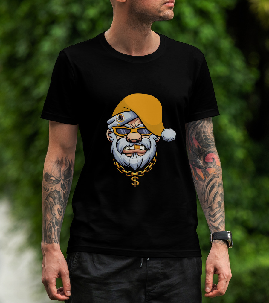 Santa With Gangster Style Gold Hat And Chain Featuring Washington Football Team T-Shirt
